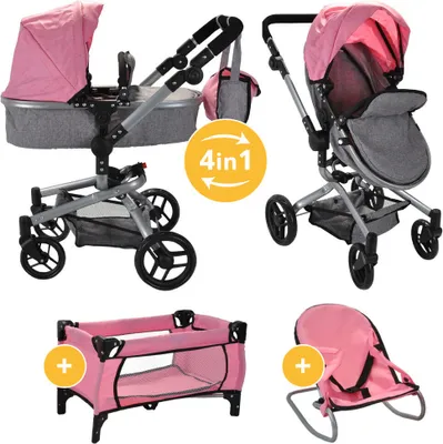 Produktbild von Bandits and Angels Moderner Angel 4-in-1 Softpink Megapack Puppenwagen ab 3 Jahren für Mädchen – Spielzeug-Kinderwagen, Buggy, Puppenbett und Wippe – Rollen – mit Wickeltasche – Puppenwagen Hellrosa