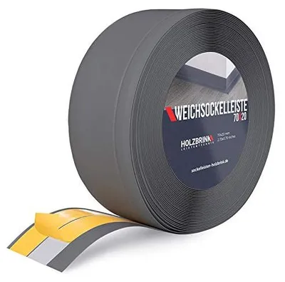 Produktbild von HOLZBRINK Weichsockelleiste selbstklebend PVC 70x20mm, 25 m | Winkelleiste selbstklebend für Kantenschutz | Sockelleiste Ecken PVC | Farbe: Graphitgrau