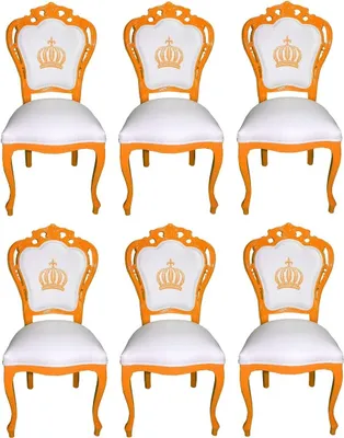Produktbild von Pompöös by Casa Padrino Luxus Barock Esszimmerstühle Weiß / Orange - Pompööse Barock Stühle designed by Harald Glööckler - 6 Esszimmerstühle - Barock Esszimmermöbel