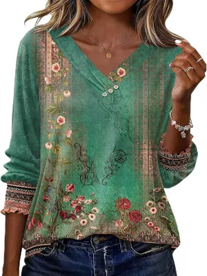 Productafbeelding van Dameblouse met driekwart mouwen, V-hals en knoopsluiting, bloemenprint