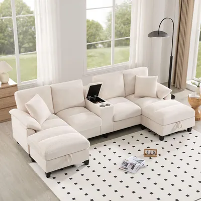 Immagine prodotto di Divano angolare a U Merax a 4 posti, con base letto, portaoggetti, portabicchieri, USB, cuscini, divano modulare, rivestimento in velluto a coste, divano, set di divani, beige