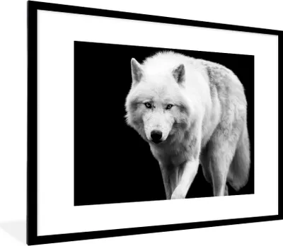 Produktbild von MuchoWow® Gerahmtes Poster Wolf - Tier - Schwarz - Weiß 80x60 cm - Poster mit Schwarzem Bilderrahmen Wandposter Rahmen Foto Bilder - Schlafzimmer-Dekorationen - Fotoposter