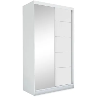 A white wardrobe with a mirrored sliding door and several drawers on the right side, shown against a white background.