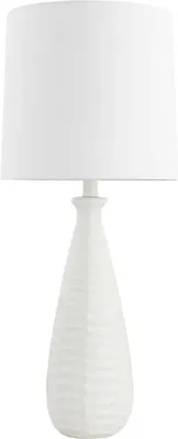 A white table lamp with a textured base and a white fabric shade, presented on a white background.