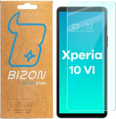 A product package for a screen protector next to a smartphone displaying the screen protector.