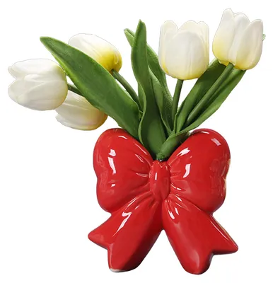 Produktbild von Moderne Blumenvase mit Schleife aus Keramik, ideal als Tischdekoration für Zuhause oder Büro.