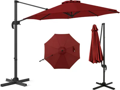 A red cantilever umbrella is shown in three different views: fully open and extended, viewed from above, and closed and folded.