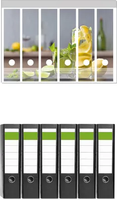 Produktbild von Wallario 6 Stück breite Ordner inkl. Klebeetiketten mit Motive Cocktails mit Limetten und Zitronen -  Set mit Rückenschildern / Ordnerrücken Stickern