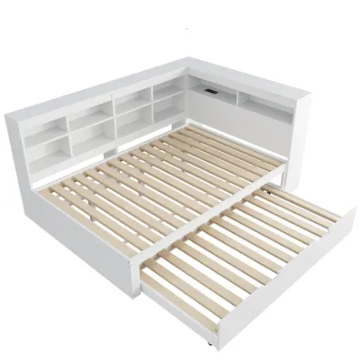 Produktbild von Abrihome Schlafsofa 140x200 cm mit Ausziehbett 90x190 cm, Holzbett Tagesbett mit USB und Stauraum, Weiß