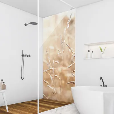 Produktbild von Duschrückwand mit Motiv selbstklebend - 0.35 mm Wandpaneel wasserfest Gräser beige Landhaus Badrückwand fugenlos  Smart matt 80x200 cm