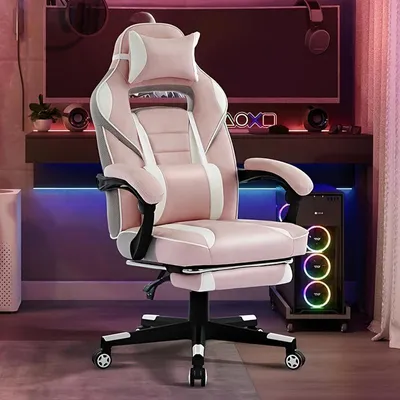 Imagen del producto de Silla de juego ergonómica de gran tamaño, con reposapiés, soporte lumbar y reposacabezas ajustable, en color