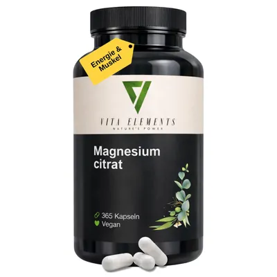 Vita Elements Magnesiumcitrat Kapseln (180 Stück) für Muskeln und Energiestoffwechsel