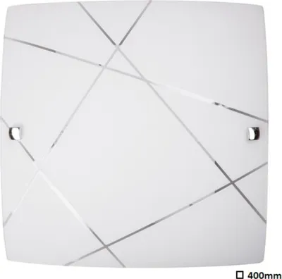 A square ceiling light with a frosted white glass shade and silver geometric line patterns.