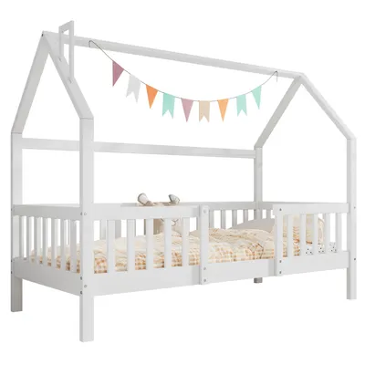 Produktbild von Kinderbett mit Rollrost, 90x200 cm, Hausbett aus Kieferholz, Einzelbett inkl. Rausfallschutz, mit Zaun