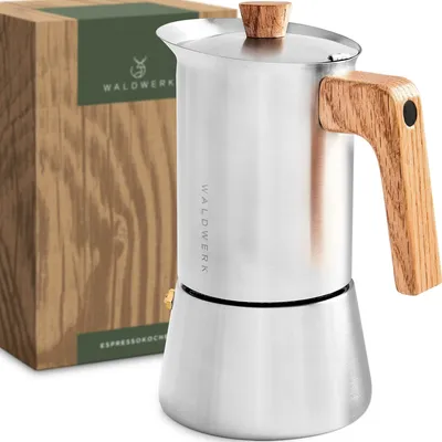 Produktbild von WALDWERK Espressokocher (300ml) - Espressokocher Induktion für alle Herdarten geeignet - Mokkakanne aus Edelstahl mit Holzgriff aus echtem Eichenholz
