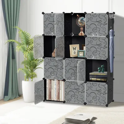 Immagine prodotto di TolleTour Armadio fai da te scaffale porta scarpe 12 cubi in plastica appendiabiti, 140x105x35cm bianco e nero