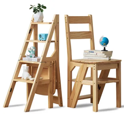 Immagine prodotto di Scala a pioli con 4 gradini, pieghevole, 2-in-1: scala e sgabello. Gradini in legno, capacità di carico fino a 180 kg. Colore legno