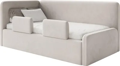 Produktbild von Selsey Fanko – Kinderbett 90x200 cm mit Rausfallschutz, Matratze, Kopfteil links, Samt, Hellbeige