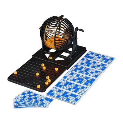 Produktbild von Relaxdays Bingo Spiel mit Lostrommel, 90 Kugeln, 72 Karten, Spielbrett ausziehbar, Kinder & Erwachsene, Tombola, schwarz