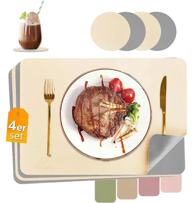 Produktbild von Tischsets Lederoptik abwaschbar, hitzebeständig, 4er Set mit 2 Untersetzern, beige+hazeblau, 43x30 cm
