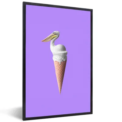 Produktbild von MuchoWow® Gerahmtes Poster Eiscreme - Vogel - Pelikan - Weiß - Eistüte 40x60 cm - Poster mit Schwarzem Bilderrahmen Wandposter Rahmen Foto Bilder - Papierdruck - Wandbilder