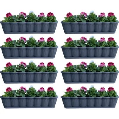Produktbild von 8er Set 80cm Blumenkasten Balkonkasten Pflanzkasten Anthrazit im Wellendesign inkl. passenden Bewässerungsuntersetzer