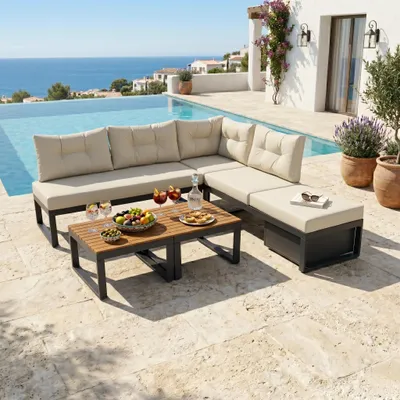 Produktbild von LVHOM Gartenlounge Set mit Liegefunktion, Gartenmöbel Set mit Stauraum, L-Form Outdoor Sofa aus Metall, Ecklounge mit Kissen und Couchtische, Beige