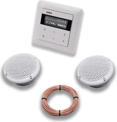 Produktbild von Gira Unterputz IP Internetradio 232003 + Bluetooth Komplett-SET System 55, reinweiß glänzend + 2 x Deckenlautsprecher Einbaulautsprecher (Feuchtraum/Badezimmer) + 20 Meter Lautsprecherkabel 2x0,75 mm