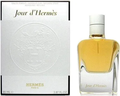 A box of Hermes Jour d'Hermes perfume is shown next to the perfume bottle.