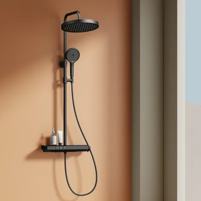 Image de EMKE® Système de doucheavec thermostat Douche de pluie ronde avec support en verre de 40 cm, robinetterie de salle de bains & douche, douchette à main 3 jets + bec inférieur Noir F22