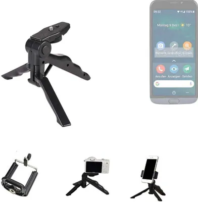 Produktbild von K-S-Trade Stativ Tisch-Ständer Dreibein Handy-Stativ Ständer kompatibel mit Doro 8050 Mini-Stativ Smartphone Tripod Handy-Stativ aus Plastik schwarz