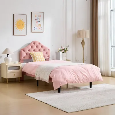 Productafbeelding van Zerbaco gestoffeerd bed 90x200 cm, eenpersoonsbed met verstelbaar hoofdeinde, fluweel, houten lattenbodem, geen boxspring nodig, roze