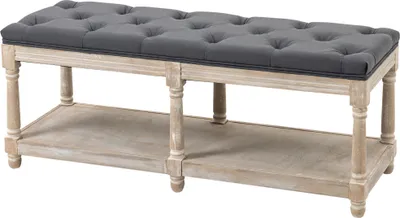 Produktbild von Sitzbank mit Stauraum, Vintage-Design, Knopfheftung, Kautschukbaumholz, 115x40x48cm, Grau