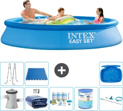 Produktbild von Intex runder aufblasbarer Easy Set-Schwimmpool – 305 x 61 cm – Blau – inklusive Pumpe Sonnensegel - Wartungspaket - Filter - Reinigungskit - Leiter - Fußbad