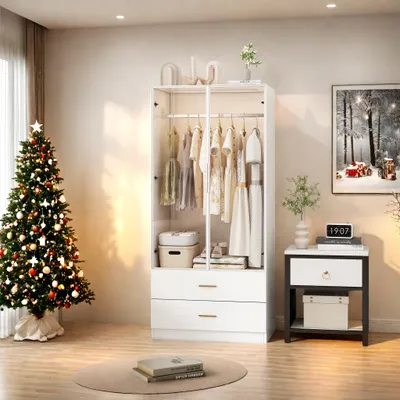 Zdjęcie produktu dla UnboxG Szafa do sypialni z oświetleniem LED, szafa z 2 szklanymi drzwiami, 2 szufladami i 1 drążkiem na ubrania, biała, szafki do przechowywania, sypialnia, 175 x 80 x 50 cm