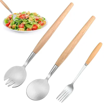 Salatbesteck-Set 3-tlg., Edelstahl/Holz, 28,5 cm