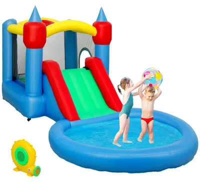 Produktbild von Aufblasbare Hüpfburg - Schloss - 415×205×190 cm - Rutsche - Bällebad - Basketballkorb - Gebläse - Für drinnen & draußen - Grau