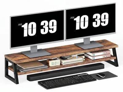 Immagine prodotto di Supporto per monitor a 2 livelli - Per 2 schermi fino a 27 pollici - 100 x 24 x 19,5 cm - Marrone vintage e nero