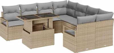 Image de vidaXL Ensemble de canapé de jardin avec coussins 9 pcs Beige et gris clair Poly-Rotin