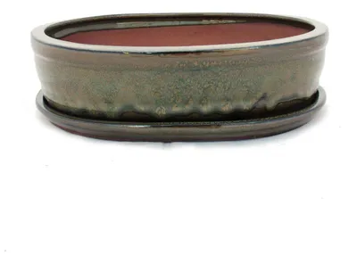 Obrázek produktu pro Bonsajová miska s podšálkem Velikost 5 - olivově hnědá - oválná - model O7 - d 31 cm - š 24 cm - v 7,5 cm