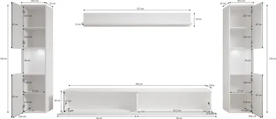 A diagram showing the dimensions and components of a modular living room furniture set.