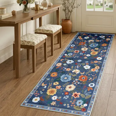Läufer 60x180 cm, Blau-Grau, Blumenmuster, waschbar, rutschfest