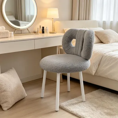 Produktbild von Schminktisch Stuhl mit Schleifen-Rückenlehne,Esszimmerstuhl,Sessel,Loungesessel Metallbeine,für Schlafzimmer,Wohnzimmer&Homeoffice (Grau)