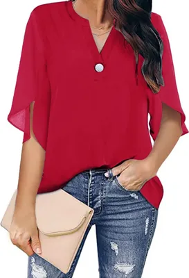 Produktbild von ASKSA Damen Bluse Chiffon Elegant Knöpfen V-Ausschnitt Hemden Casual Einfarbig Oberteile, Rot, M