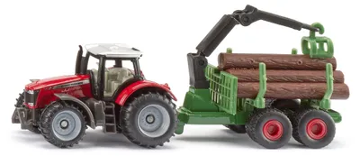 Image de Tracteur Massey Ferguson Siku 1134 avec remorque forestière, grue mobile avec système de préhension, 6 troncs d'arbres en métal et en plastique, jouet sur le thème de la foresterie