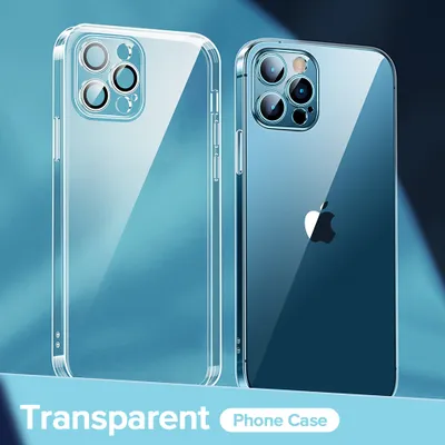 A product image featuring two transparent phone cases for an iPhone, presented on a gradient blue background.