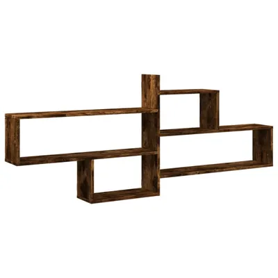 A wooden wall shelf with multiple compartments, presented against a white background.