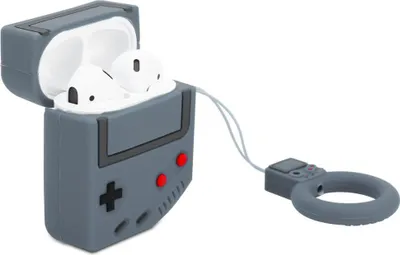 A gray silicone case for Apple AirPods shaped like a retro game console, with white AirPods inside.