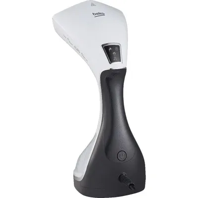 A white and black handheld garment steamer on a white background.