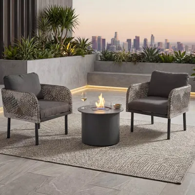 Produktbild von Poly-Rattan Garnitur HWC-P80, Lounge-Set Garten Stuhl, Tischkamin Bioethanol-Fire-Pit Alu Stoff 220g/m² dunkelgrau
